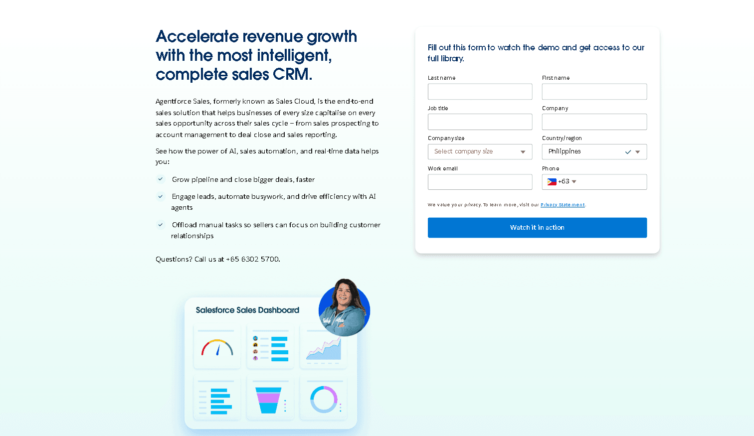 Salesforce Sales Cloud landing page displaying the headline "Accelerate revenue growth with the most intelligent, complete sales CRM" next to a multi-field inbound lead registration form.