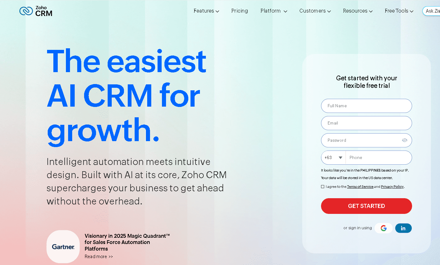 Zoho CRM landing page showcasing the headline "The easiest AI CRM for growth" alongside an intuitive user registration form and a Gartner Magic Quadrant visionary recognition badge.