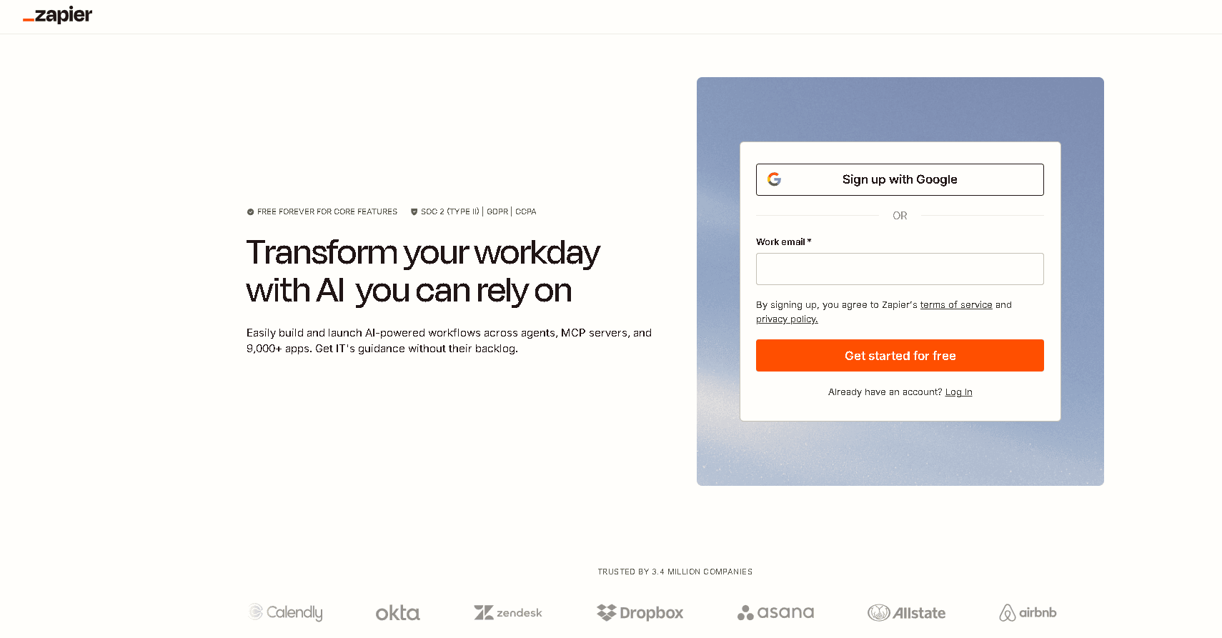 Zapier homepage displaying the headline "Transform your workday with AI you can rely on" next to an online account sign-up form and a row of trusted company logos.