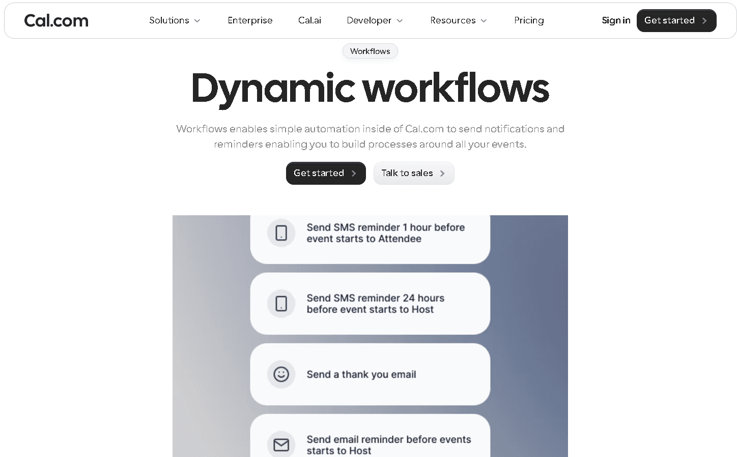 Cal.com dynamic workflows interface highlighting simple automation for sending notifications, SMS reminders, and thank-you emails around scheduled events.