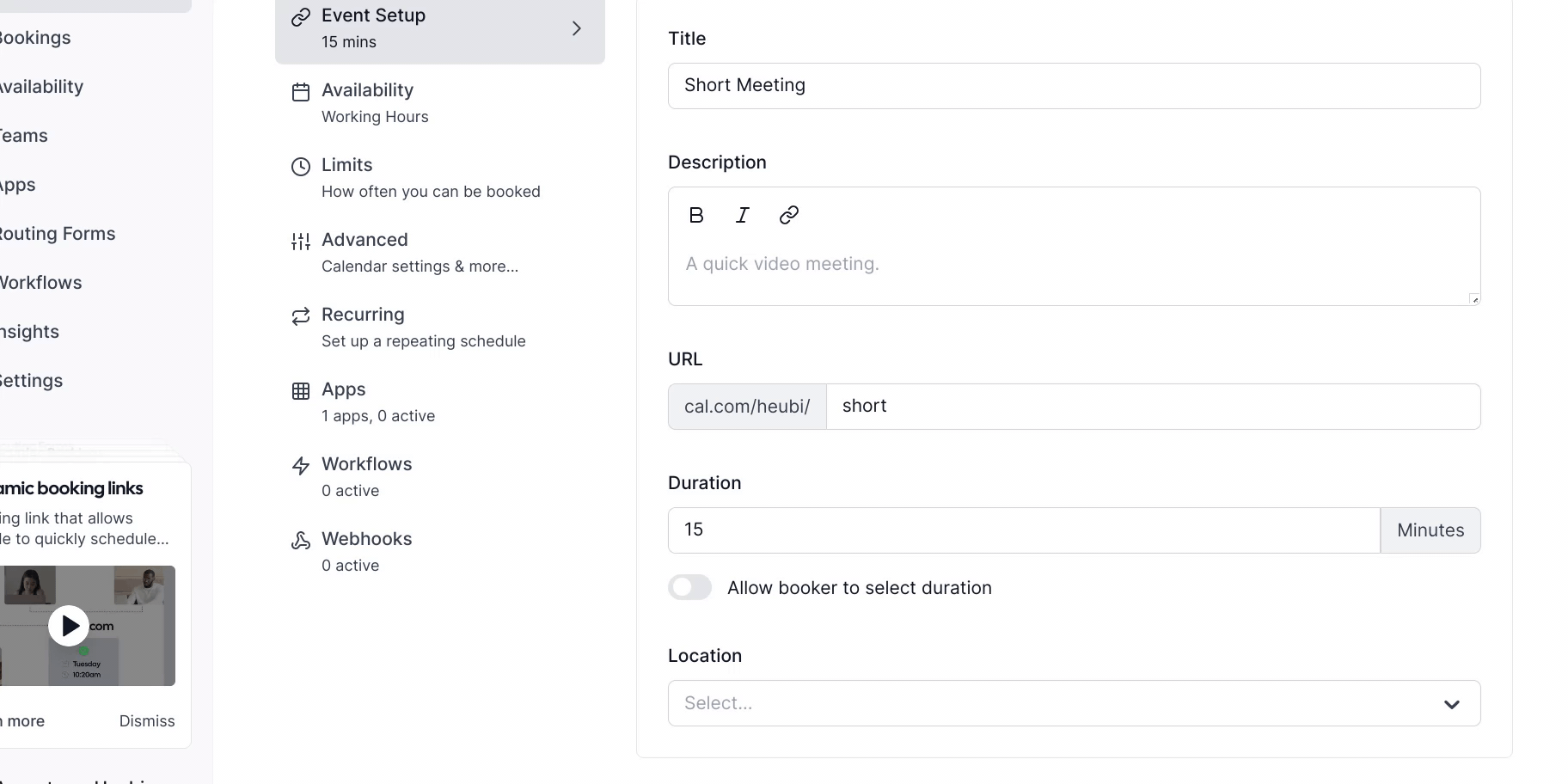 Cal.com event setup screen with duration toggle