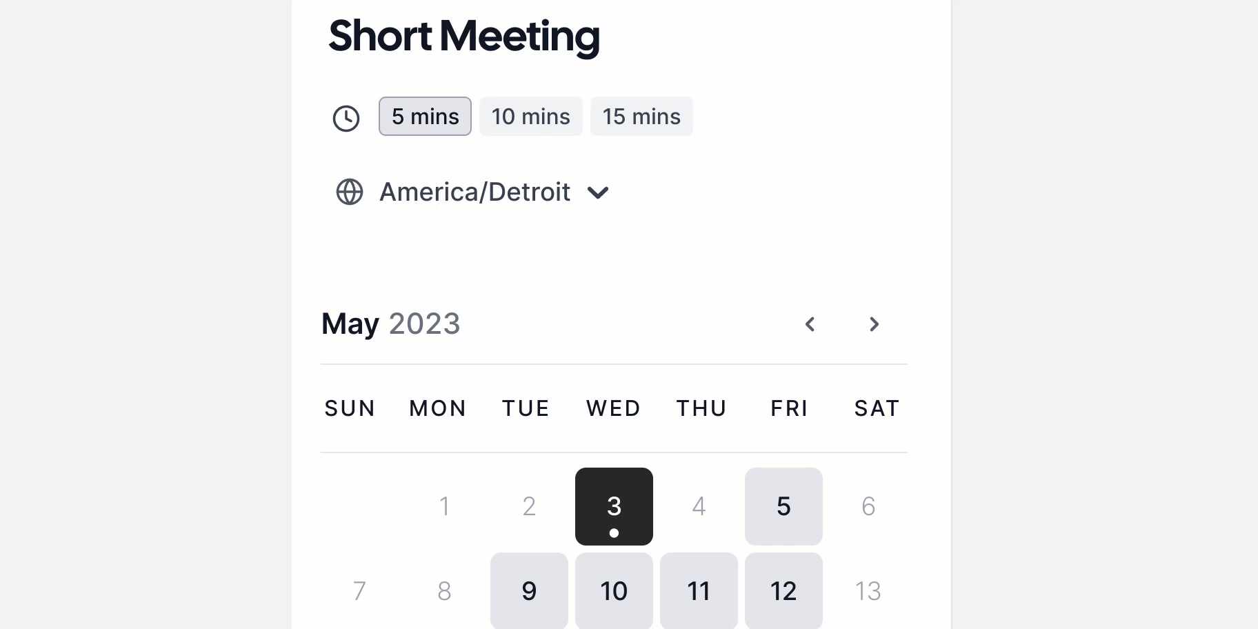 Short meeting booking page with duration options