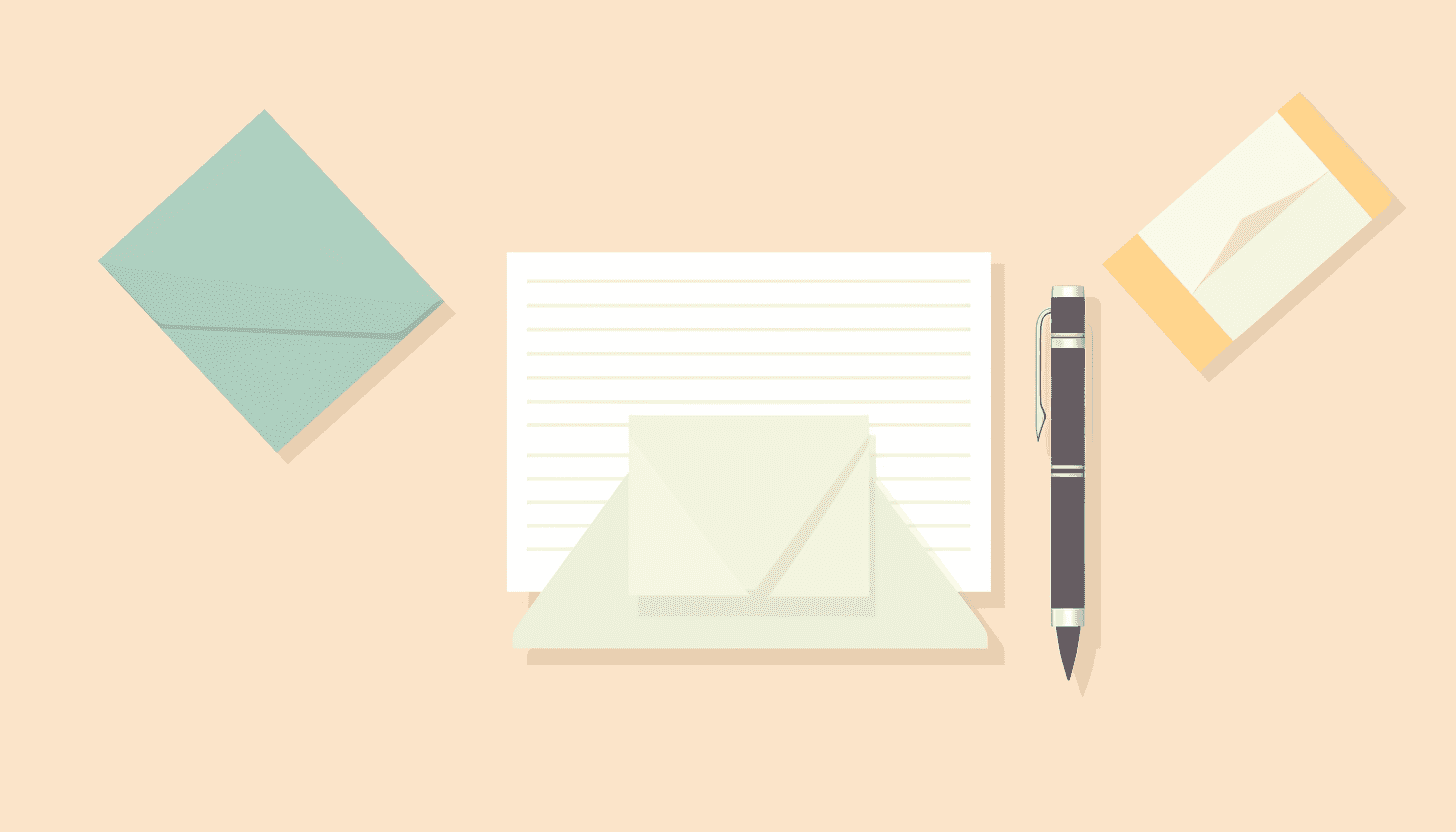 Illustration of an envelope, letter and pen