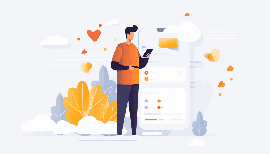 Illustration of a person using a tablet with hearts