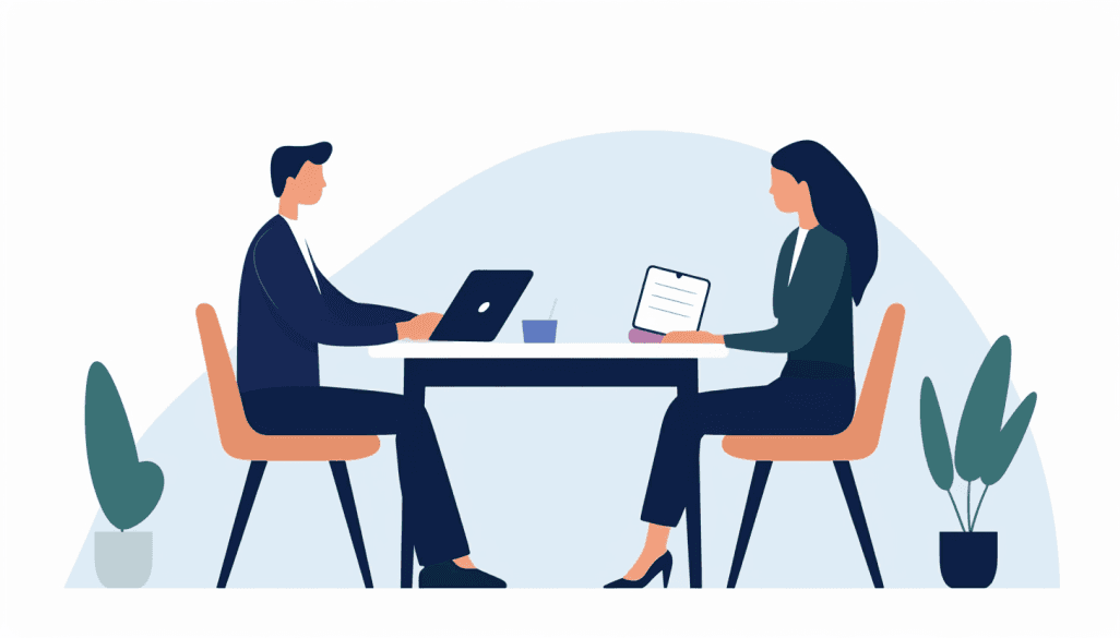 Illustration of two people meeting at a table
