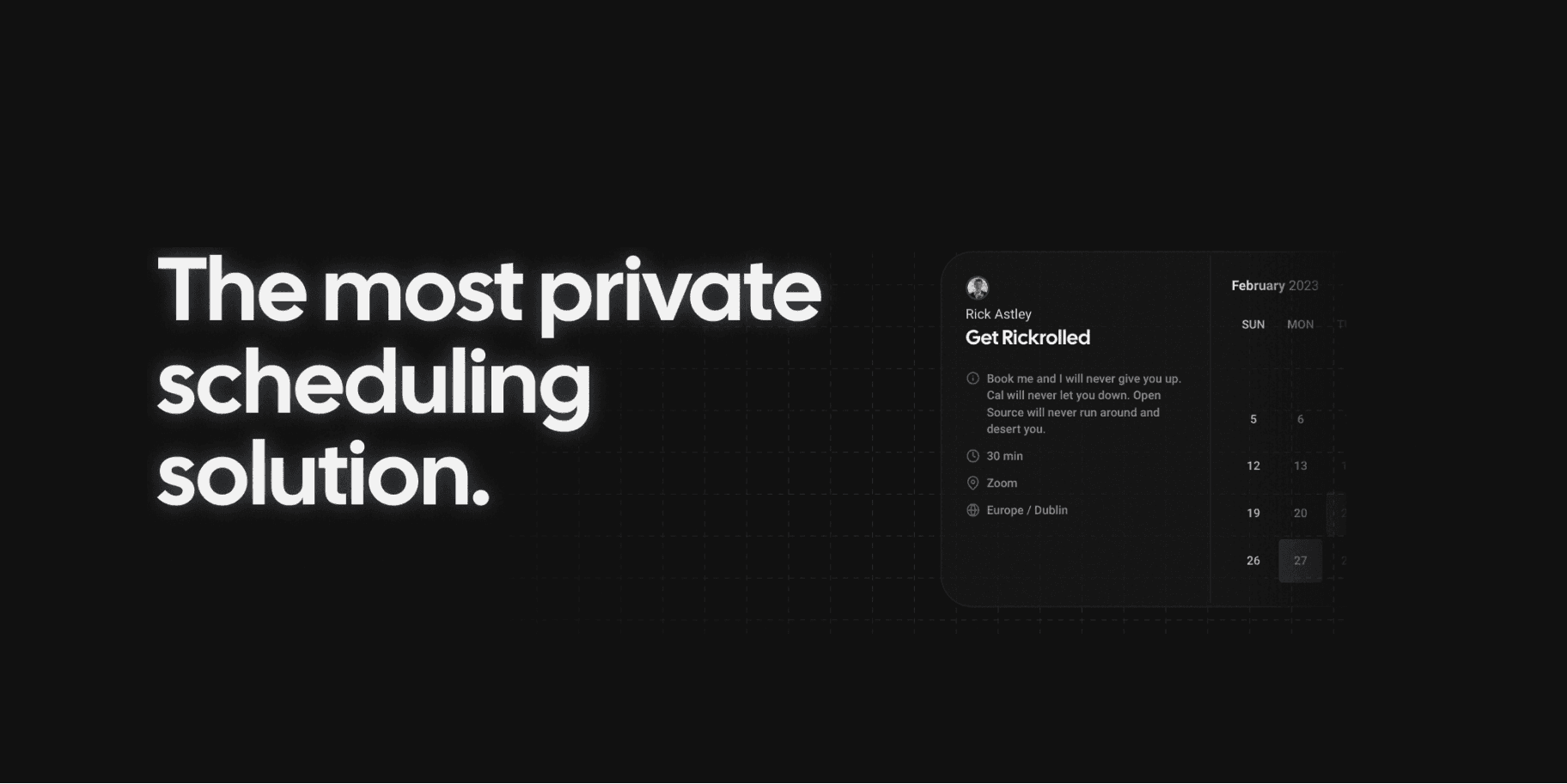 Cal.com private scheduling solution title with calendar preview