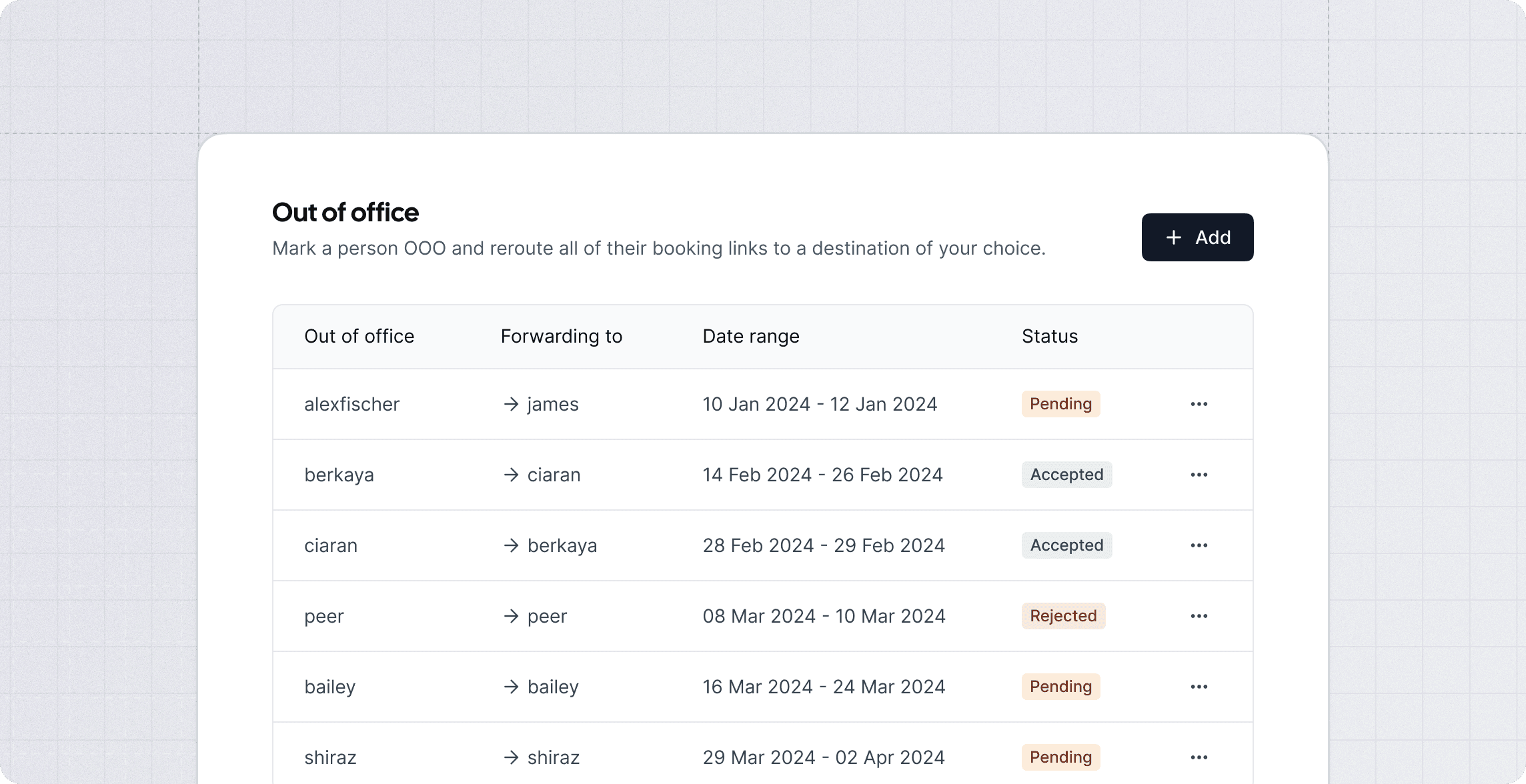 Cal.com out-of-office settings table