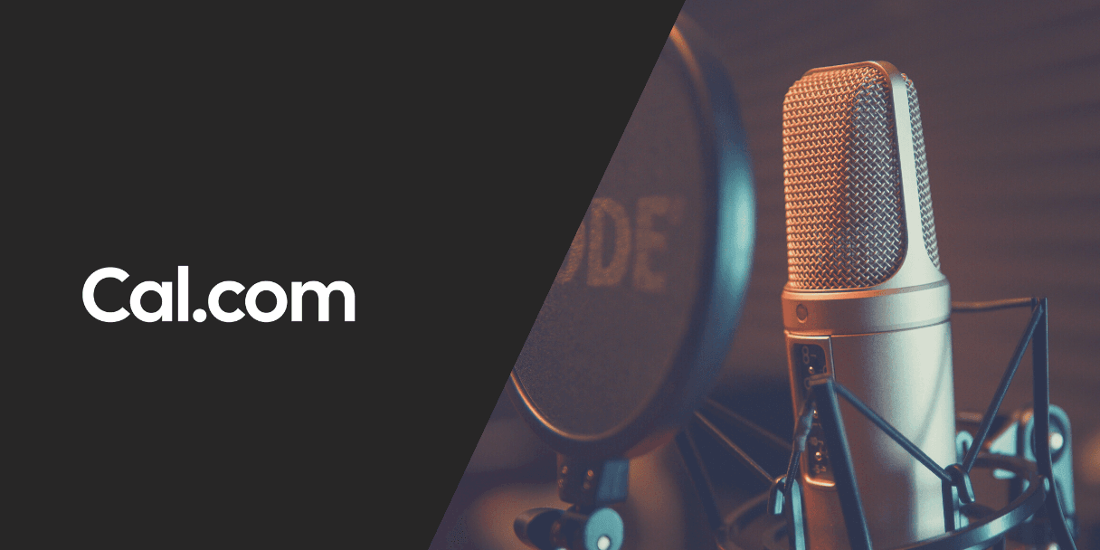 Podcast microphone beside Cal.com logo