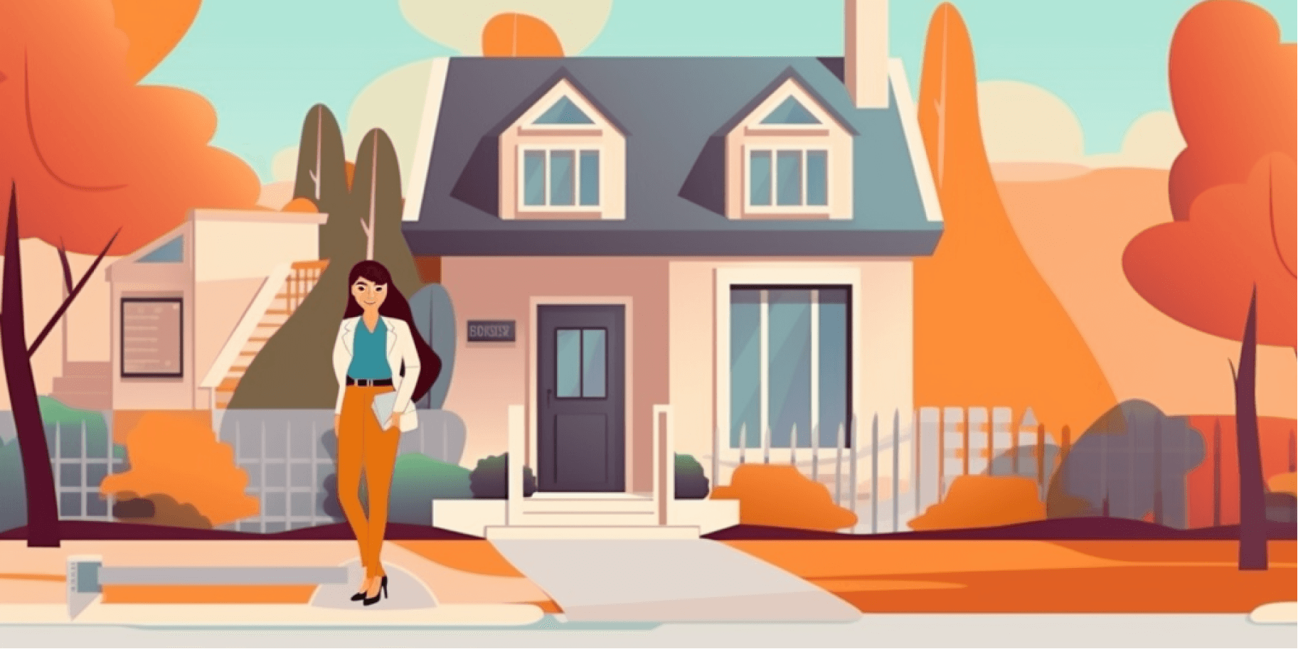 Illustration of a realtor standing outside a house for sale