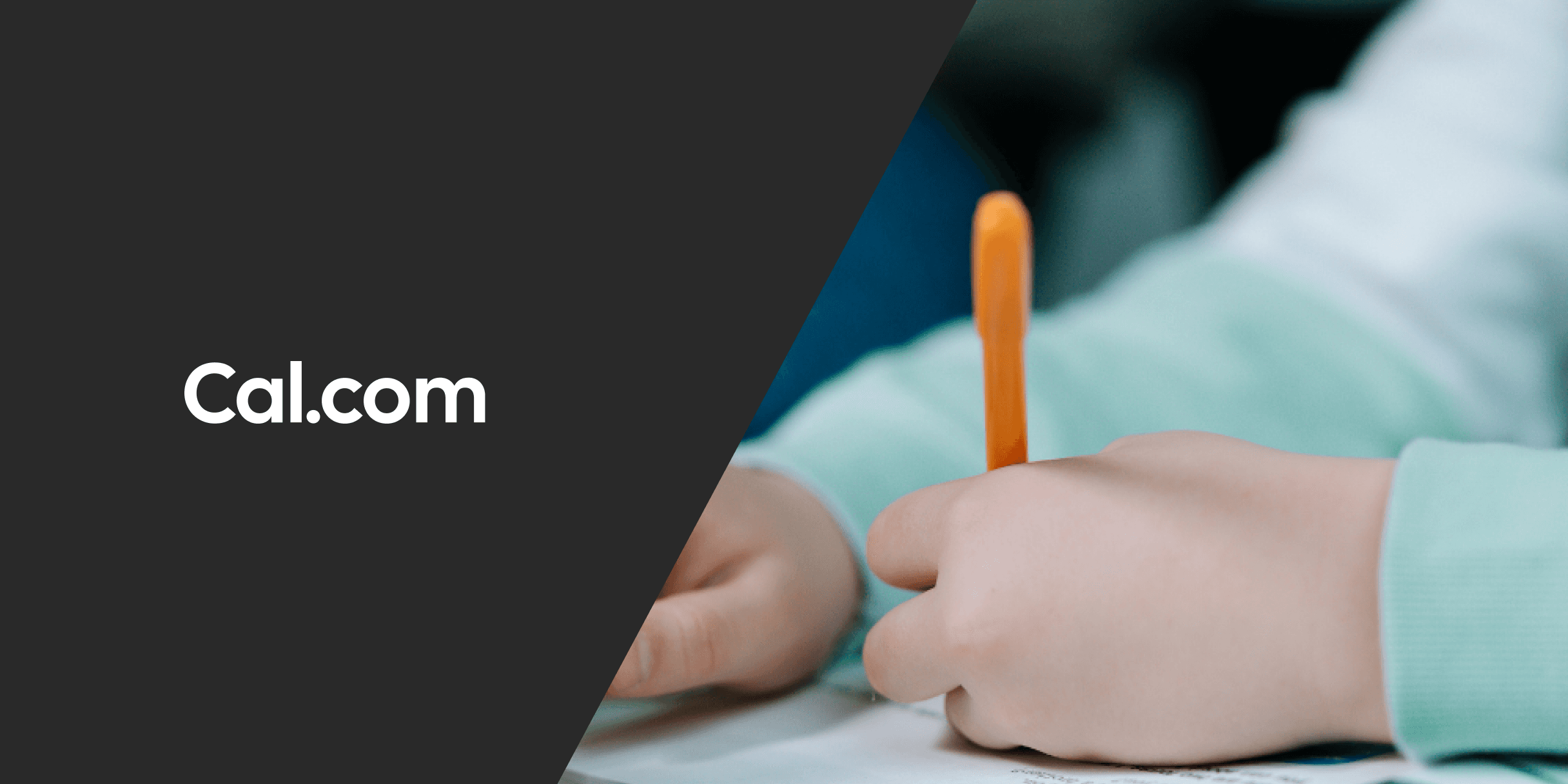 Cal.com logo beside a child writing with a pencil