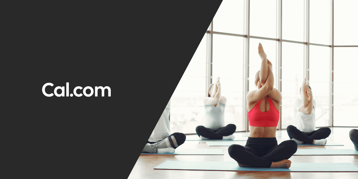 Cal.com logo beside a yoga class in studio