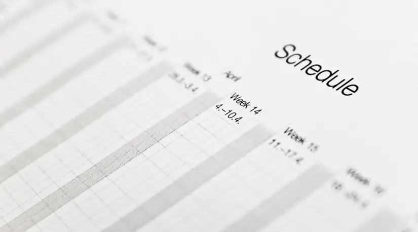 Close-up of a printed weekly schedule grid