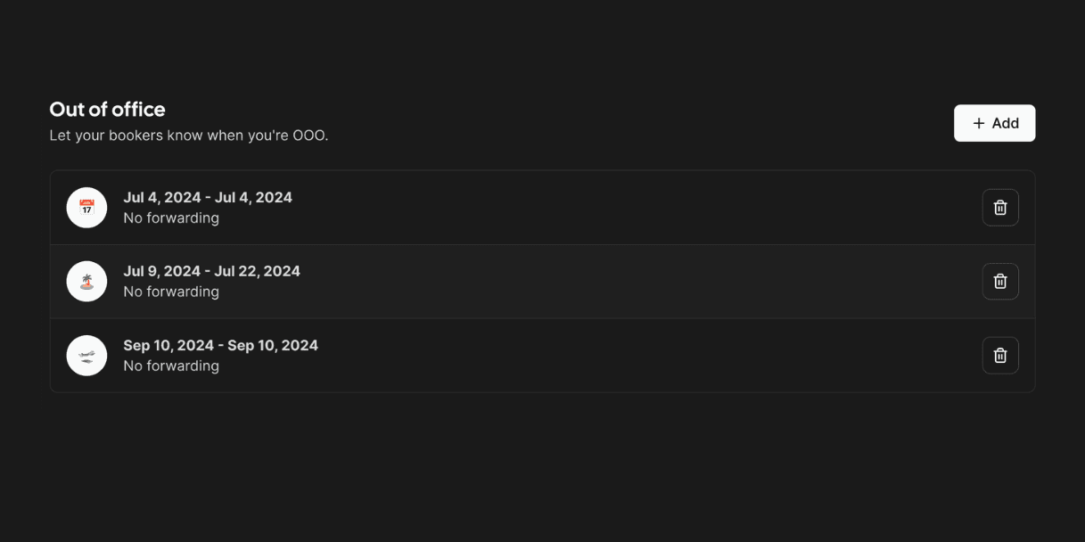 Cal.com out of office list in dark mode