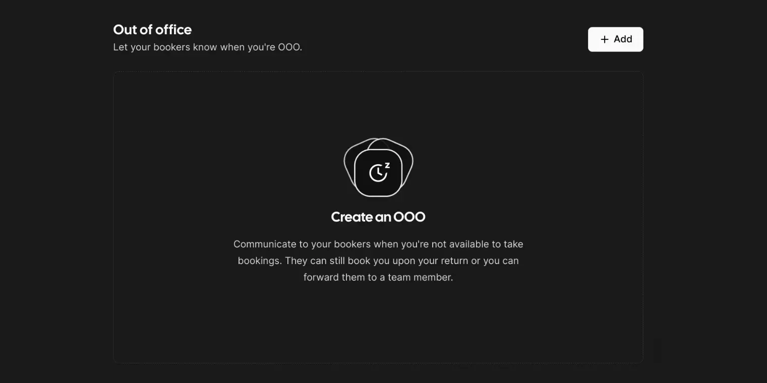 Dark mode out of office panel with create OOO prompt