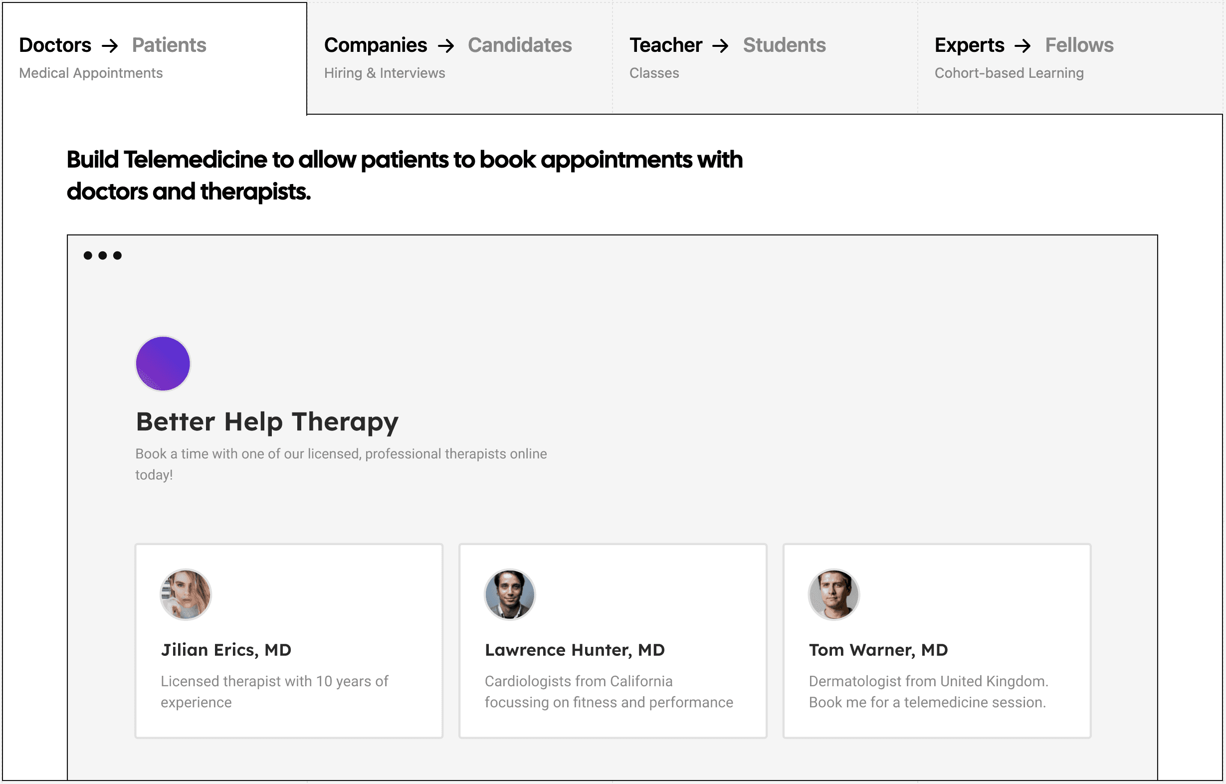 Mockup of a telemedicine booking landing page