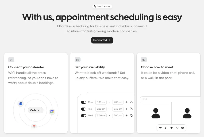 Business scheduling app interface showing steps to connect a calendar, set availability, and choose meeting preferences for easy appointment booking.