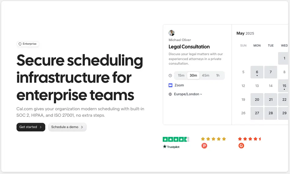 Business scheduling software for enterprise teams featuring secure calendar integration, legal consultation booking, and compliance with SOC 2, HIPAA, and ISO 27001