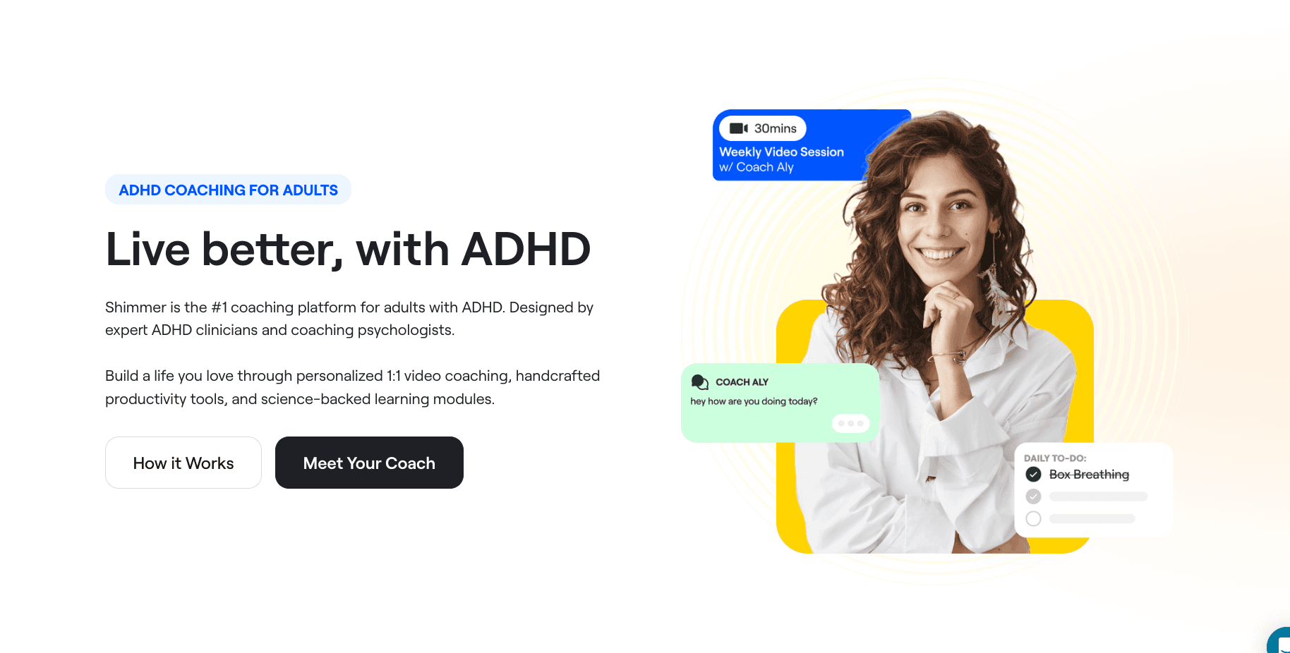 Shimmer ADHD coaching app landing page with video session