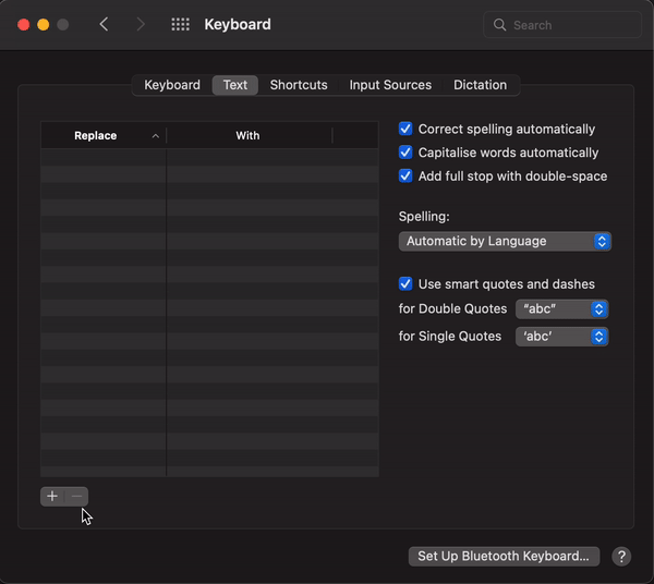 Screenshot of macOS keyboard text replacement settings