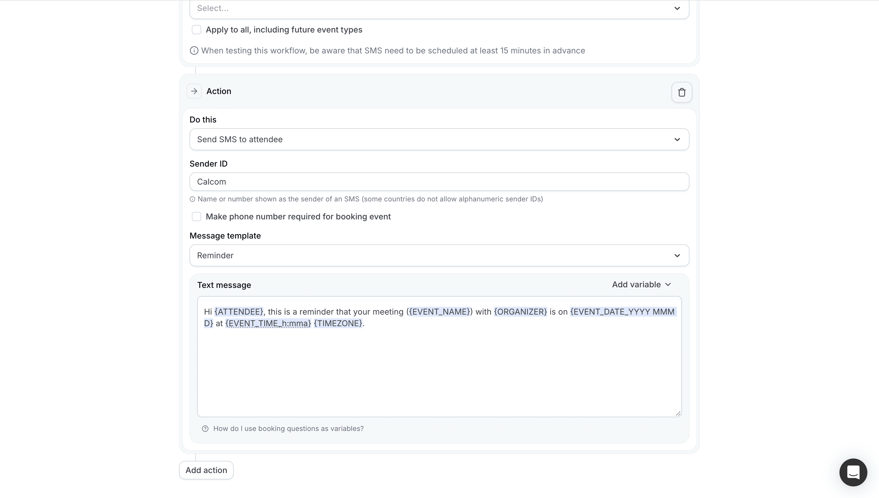 Cal.com workflow SMS reminder action settings