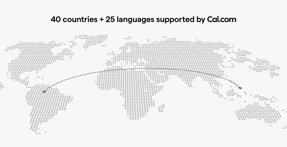 World map graphic showing Cal.com's global language support