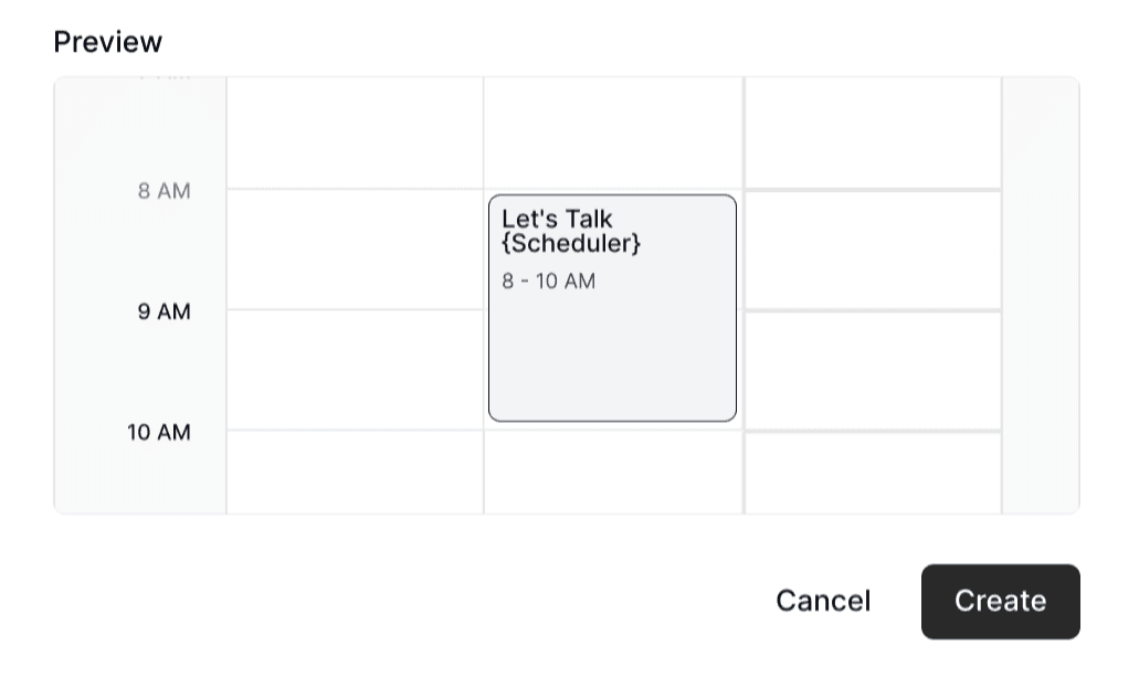 Cal.com booking preview with event name