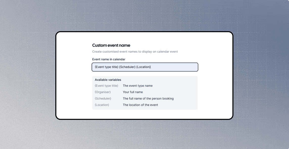 Screenshot of Cal.com custom event name settings
