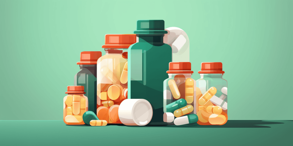 Illustration of pharmacy medicine bottles and pills