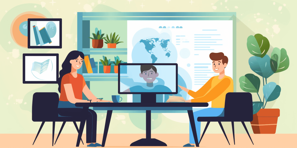 Illustration of a video call with a world map