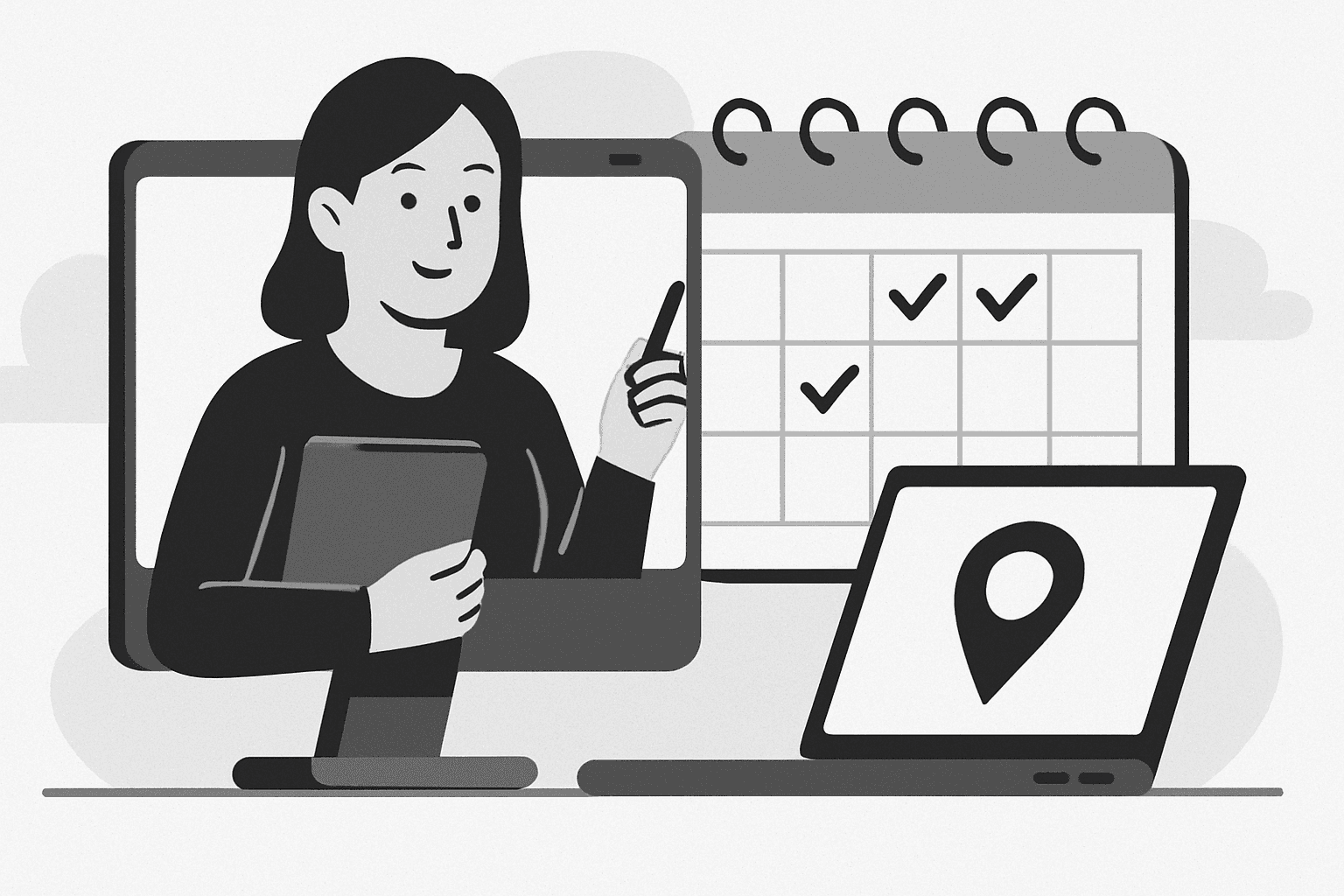 Illustration of a person on screen beside a calendar and map pin