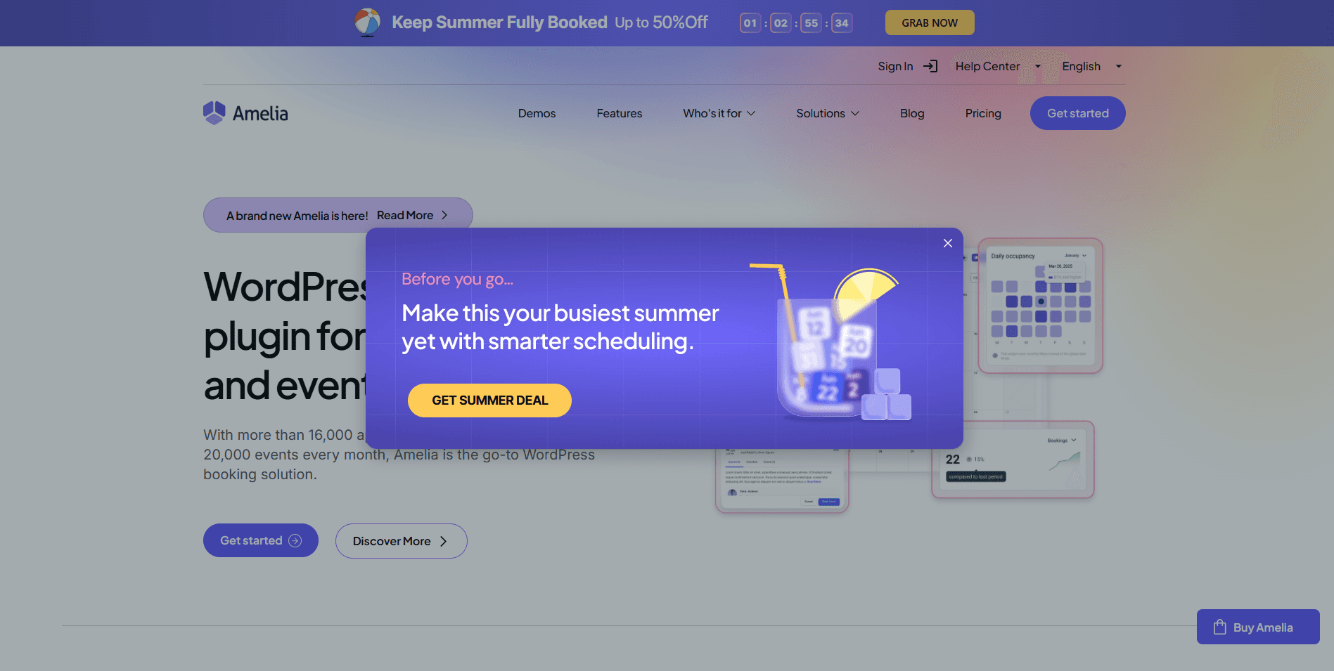 Screenshot of Amelia WordPress booking plugin homepage
