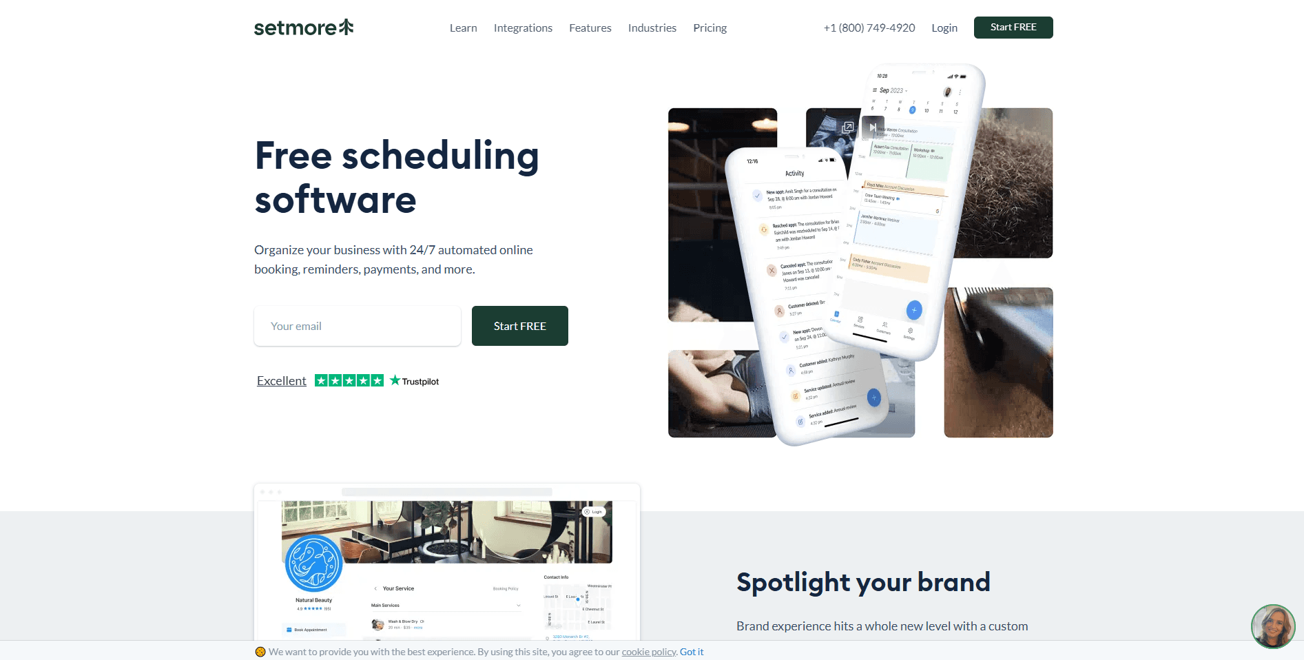 Setmore homepage hero with brand spotlight section