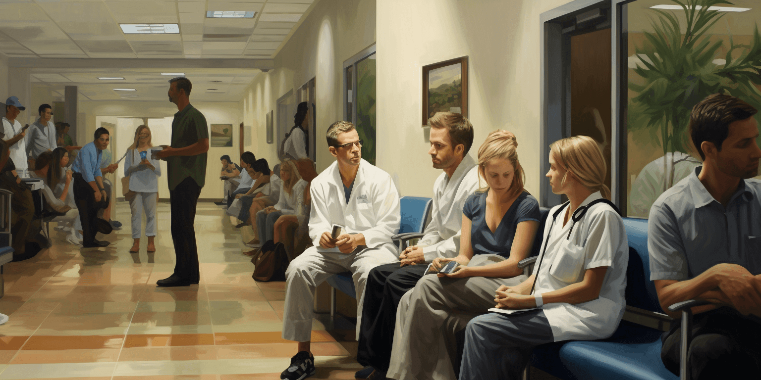 Painted illustration of a busy hospital waiting room
