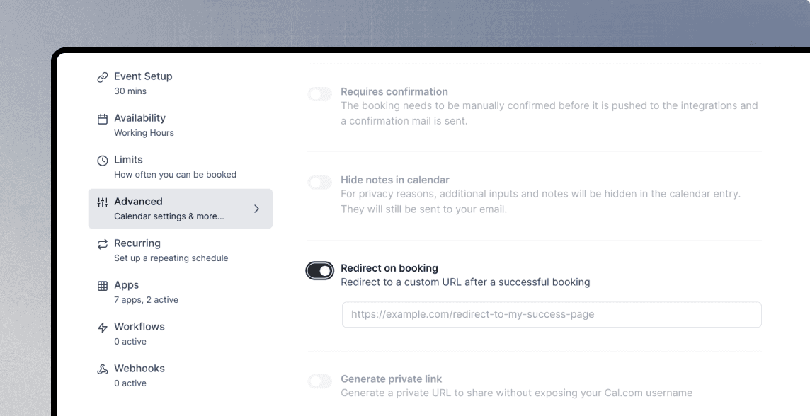 Cal.com event type settings with redirect on booking toggle
