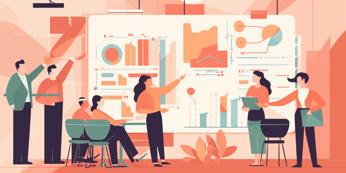 Illustration of a team meeting around a whiteboard