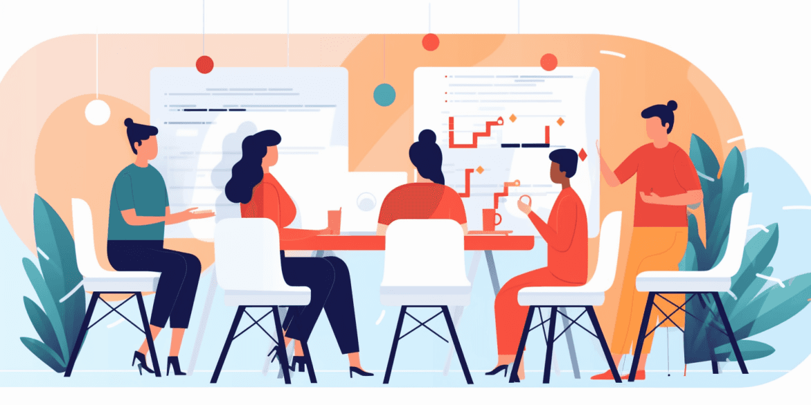 Illustration of coworkers collaborating around a meeting table