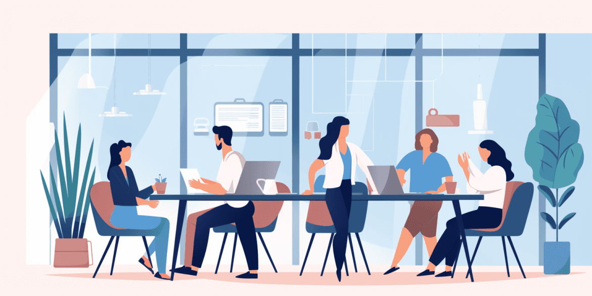 Illustration of a team meeting around a table