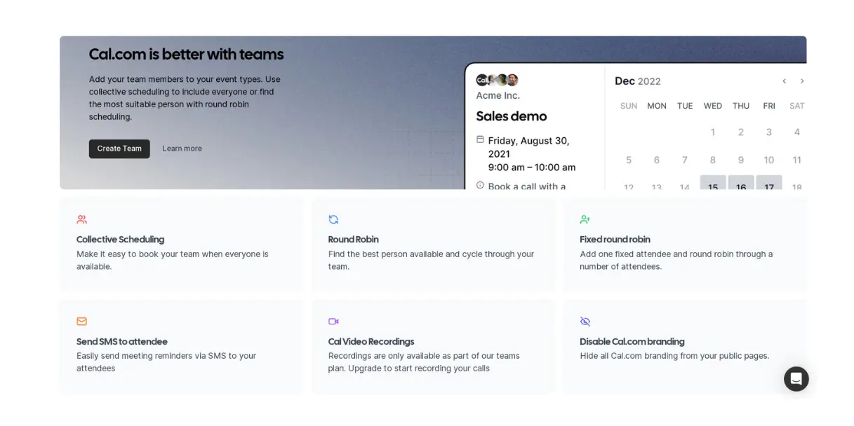 Cal.com team plan features screenshot with scheduling dashboard
