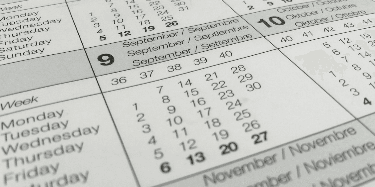 Close-up of a printed monthly calendar grid