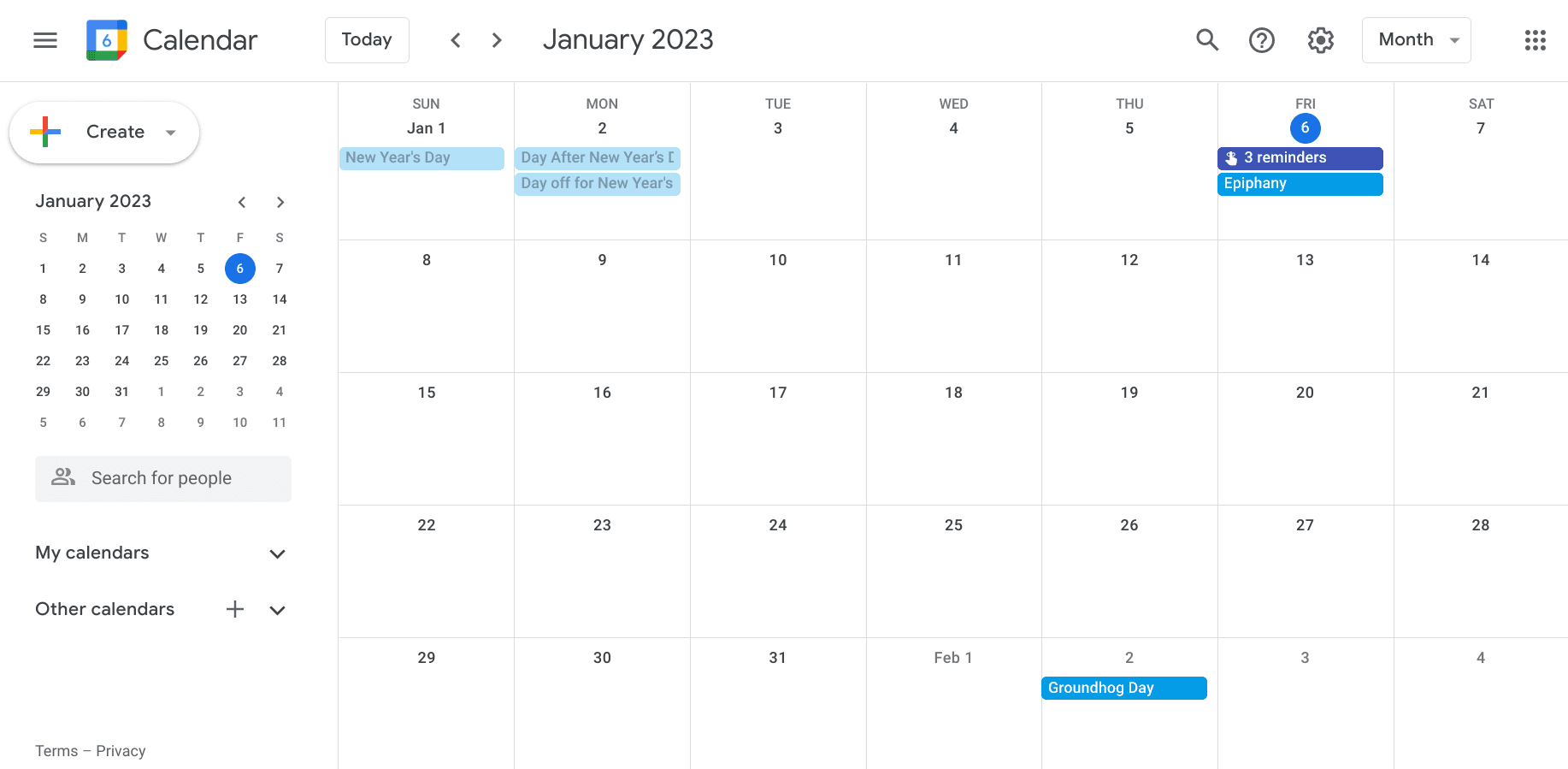 Google Calendar month view screenshot
