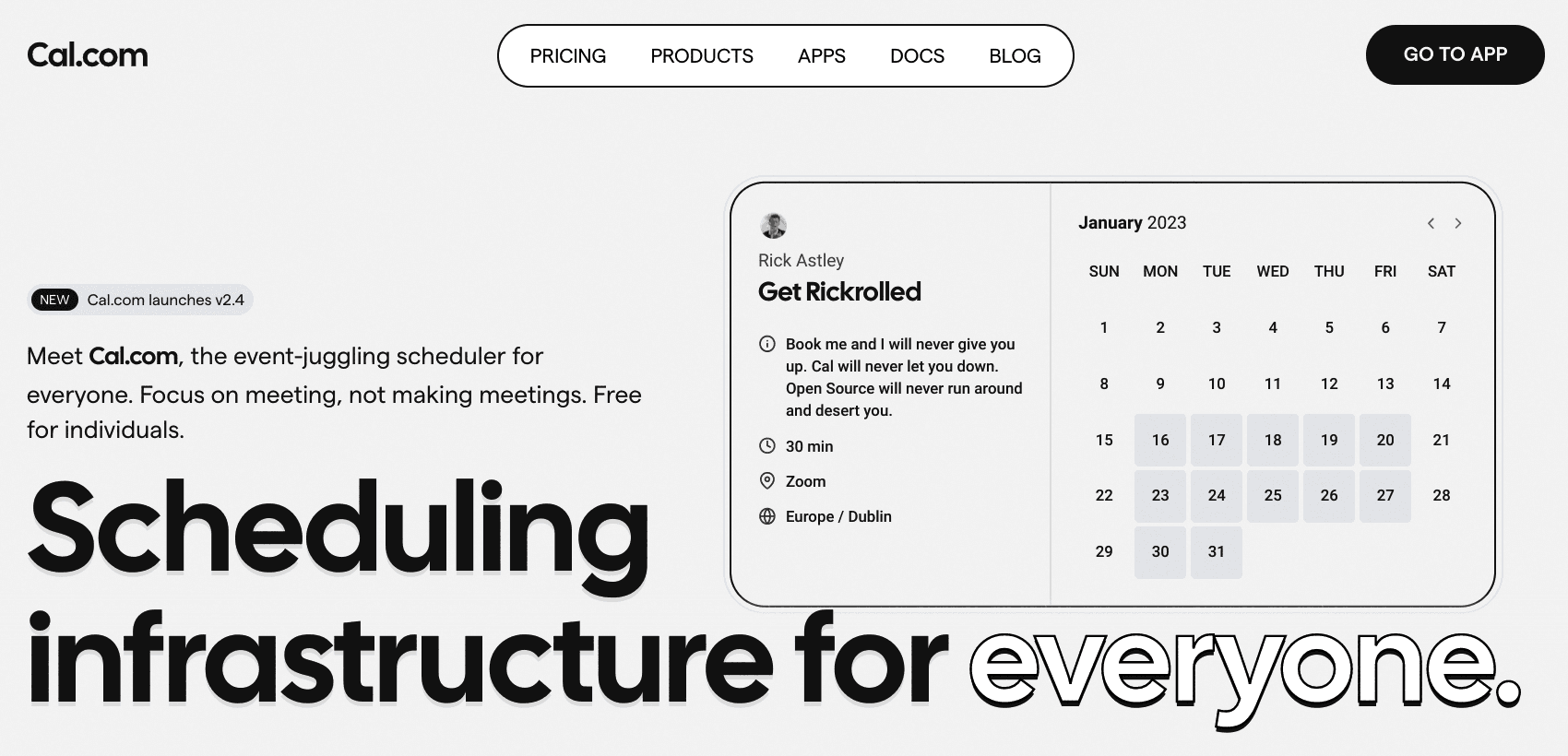 Cal.com homepage hero with sample booking calendar