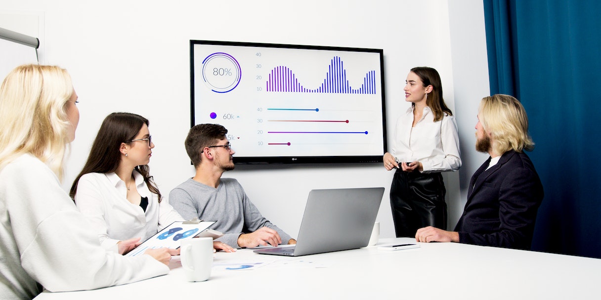 Team presenting sales analytics chart in a meeting room