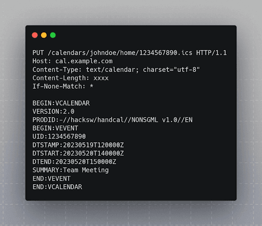 Terminal showing a CalDAV PUT request payload