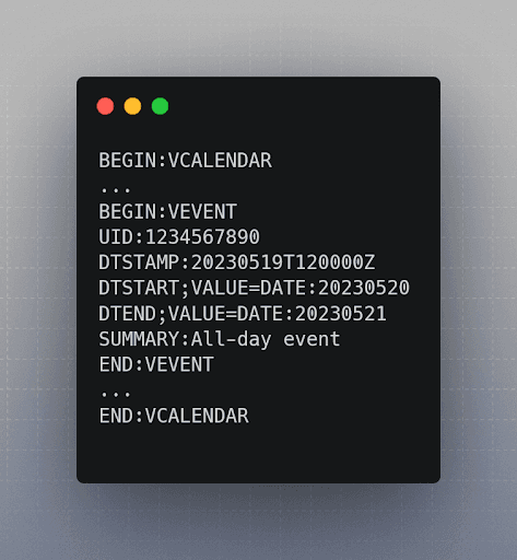 Code editor showing a VCALENDAR ICS file
