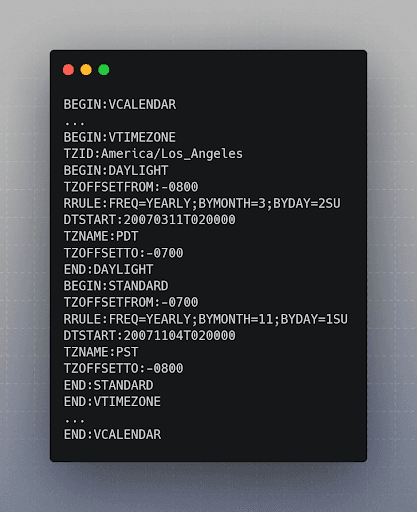Code snippet of a VCALENDAR timezone definition