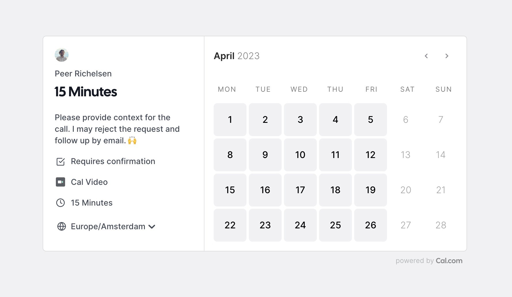 Cal.com 15-minute meeting booking page