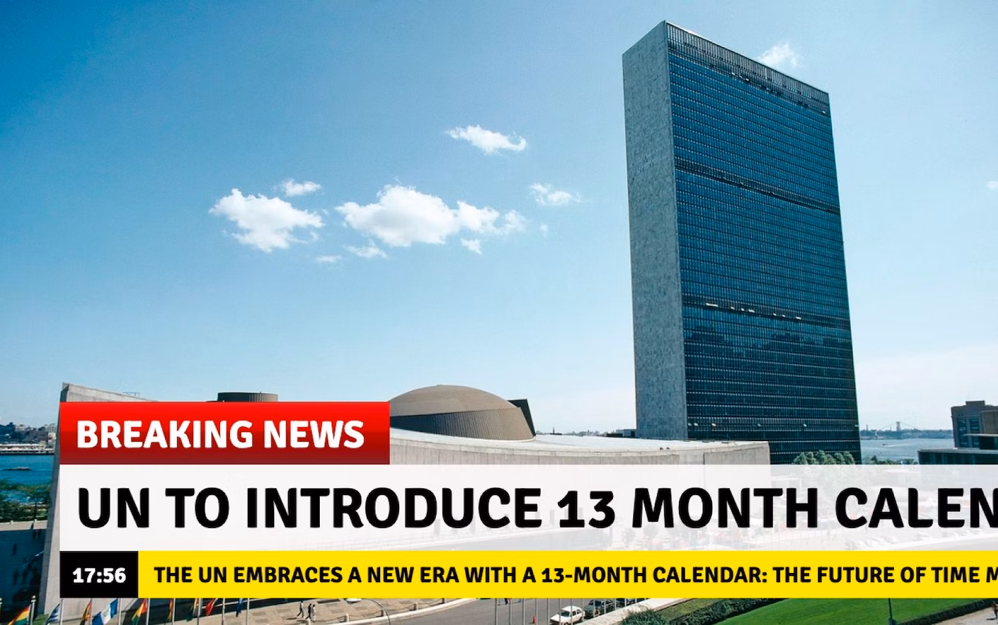 Breaking news graphic about UN 13-month calendar over UN building