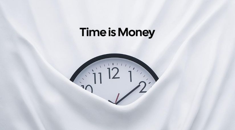 Clock tucked into folded white fabric with Time is Money text