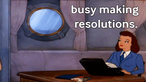 Cartoon secretary at desk captioned busy making resolutions