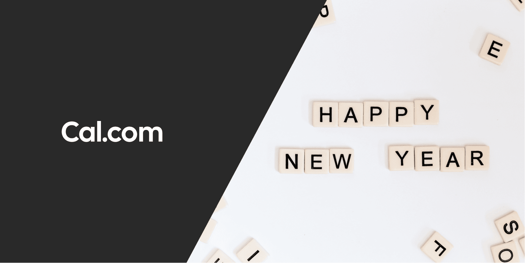 Cal.com logo beside Happy New Year letter tiles